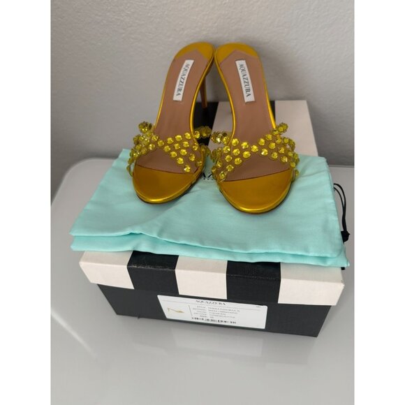 NIB Aquazzura Tequila Plexi Mule 75 Heels Size 39 8.5 Nappa Laminata/PVC Gold - Picture 1 of 9